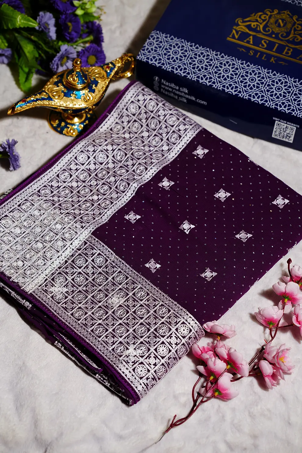 Wine Purple Silk Blend Saree with premium Embroidery Glass Stone